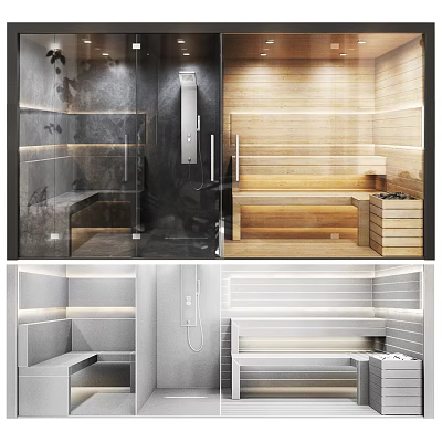 Modern Shower Sauna Interior Design With Wooden Benches Metal Fixtures And Marble Accents 3d model