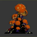 Red Mushrooms With Yellow Spots Stacked On Black And Blue Base With Glowing Spots