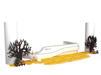 Autumn Decorative Scene With White Bench Black Trees Pumpkin Ornaments And Yellow Straw 3d model