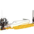 Autumn Decorative Scene With White Bench Black Trees Pumpkin Ornaments And Yellow Straw
