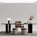 Modern Home Desk With Wooden Top Comfortable Chair Stools Table Lamp And Decorative Vase 3d model