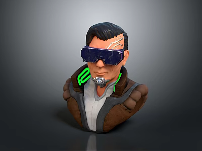 Cyberpunk Character 3D Bust With Blue Goggles Green Neon Tech Implants And Brown Jacket 3d model