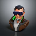 Cyberpunk Character 3D Bust With Blue Goggles Green Neon Tech Implants And Brown Jacket