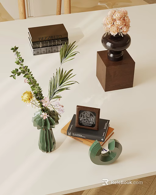 Decorative Items with Green Vase Flowers Leaves Photo Frame Books and Wooden Base Decor 3d model 