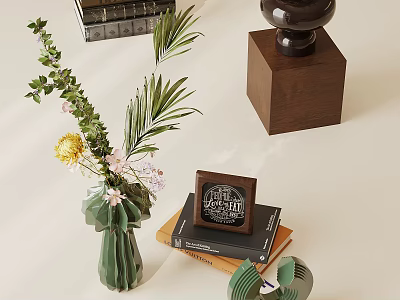 Decorative Items with Green Vase Flowers Leaves Photo Frame Books and Wooden Base Decor 3d model