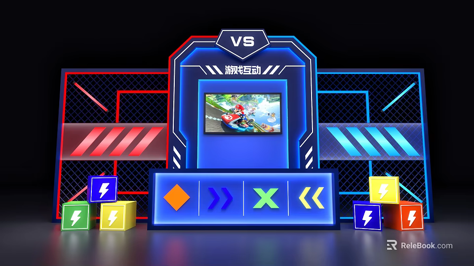 Game Interactive Zone With VS Screen Colorful Blocks And Lightning Symbols 3d model