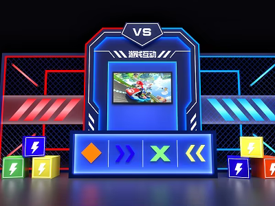 Game Interactive Zone With VS Screen Colorful Blocks And Lightning Symbols 3d model