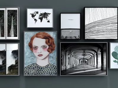 Abstract Paintings Framed Wall Art with Diverse Styles Including Portrait Architecture and Line Art 3d model