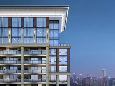 Modern Residential Building With Glass Curtain Walls Balconies Lighting And Urban Skyline 3d model