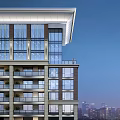 Modern Residential Building With Glass Curtain Walls Balconies Lighting And Urban Skyline