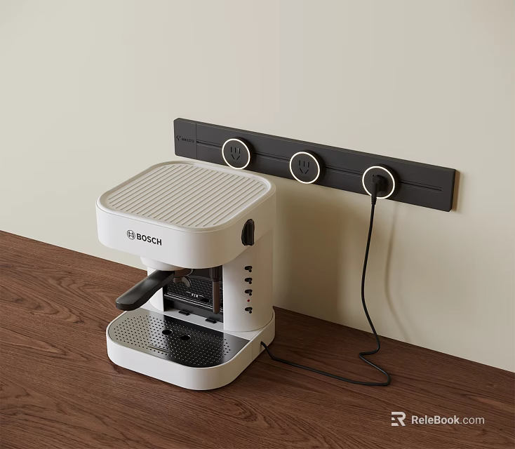 BOSCH White Coffee Machine In Modern Kitchen With Wooden Floor And Black Panel 3d model 