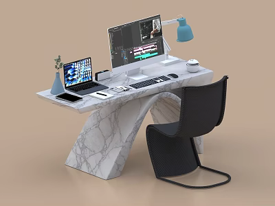 Modern Marble Desk With Laptop Monitor Desk Lamp Coffee Cup Small Plant And Black Chair 3d model