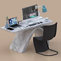 Modern Marble Desk With Laptop Monitor Desk Lamp Coffee Cup Small Plant And Black Chair