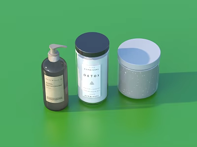Modern Bathroom Accessories Featuring Pump Bottle Lidded Jars With Black White Lids And Gray Jar 3d model