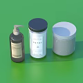 Modern Bathroom Accessories Featuring Pump Bottle Lidded Jars With Black White Lids And Gray Jar
