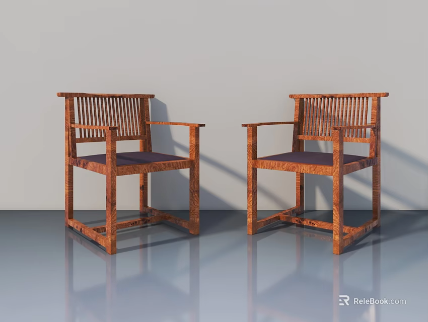 Wooden Armchairs With Armrests And Dark Seat Cushions On Gray Floor 3d model 