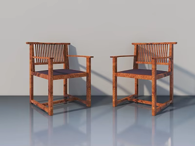 Wooden Armchairs With Armrests And Dark Seat Cushions On Gray Floor 3d model