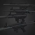 Four Black Tactical Rifles With Long Barrels Scopes And Magazines
