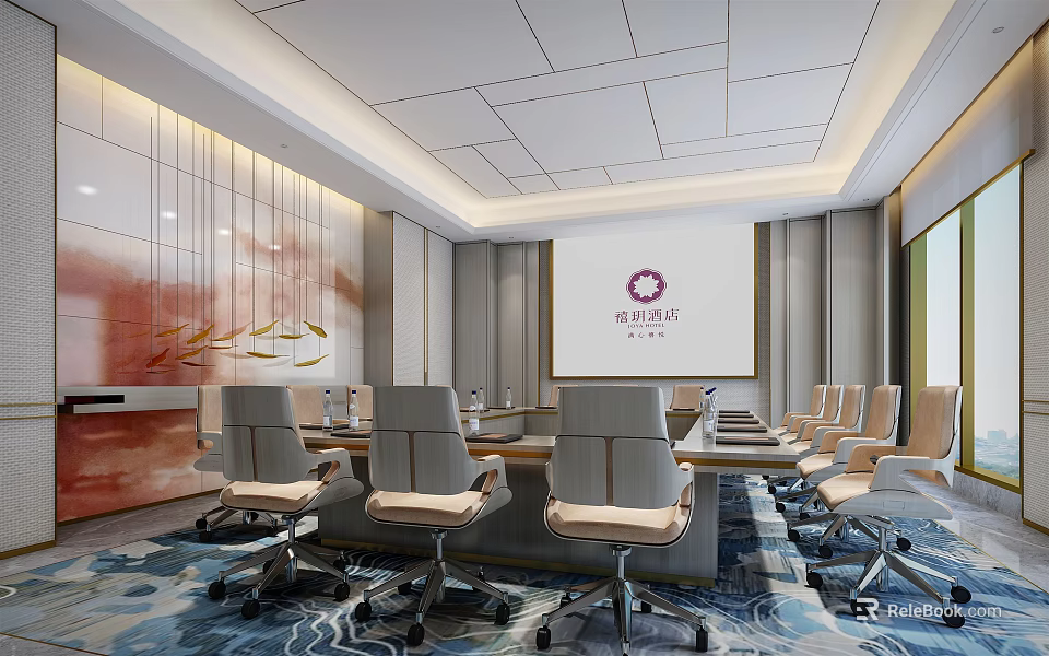 Modern Conference Room Interior With Conference Table Comfortable Chairs And Projector Screen 3d model