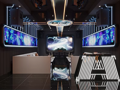 Modern KTV Interior Design With Large Screen Neon Lights Reflective Floor And Sofa 3d model