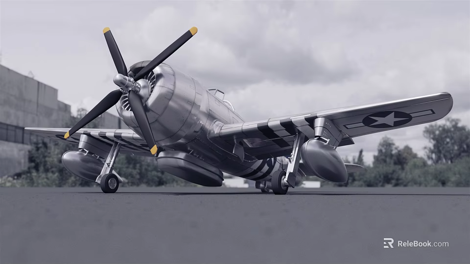 Vintage Silver Propeller Fighter Aircraft with US Star Insignia Parked on Runway Trees Sky Background 3d model 