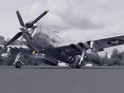 Vintage Silver Propeller Fighter Aircraft with US Star Insignia Parked on Runway Trees Sky Background 3d model