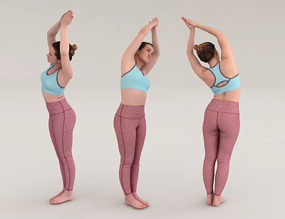 Women Stretching In Light Blue Sports Bras And Red Leggings From Different Angles 3d model