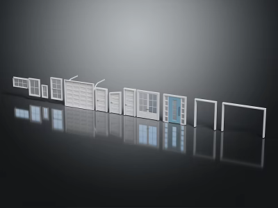 Various Styles White Blue Doors With Windows On Dark Background Reflections 3d model