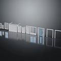 Various Styles White Blue Doors With Windows On Dark Background Reflections