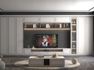 Modern White TV Background Cabinet With Embedded TV Bookshelves And Display Cabinets 3d model