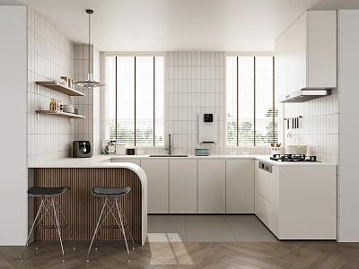 Modern Kitchen Interior With White Cabinets Island Stools And Large Windows 3d model