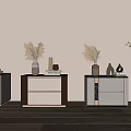 Stylish Bedside Tables With Various Designs And Decorative Plants On Wooden Floor