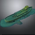 3D Green Water Transport Boat Model With Deck Cabin On Blue Marine Terrain