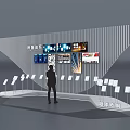 Technology Exhibition Hall Interior With Digital Screens Exhibition Boards And Person Viewing Tech Displays