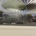 Elegant Modern Banquet Hall With Circular Ceiling Crystal Chandelier Light Strips Mirrored Floor And Tables