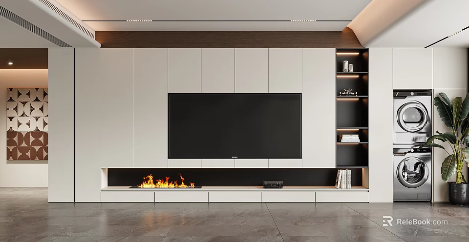 Modern TV Background Wall Design with Fireplace and Cabinets 3d model 
