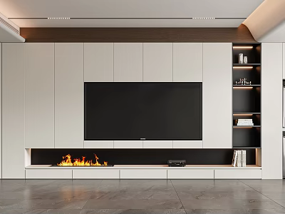 Modern TV Background Wall Design with Fireplace and Cabinets 3d model