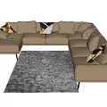 Beige L shaped Sectional Sofa with Decorative Cushions on Modern Patterned Rug 3d model