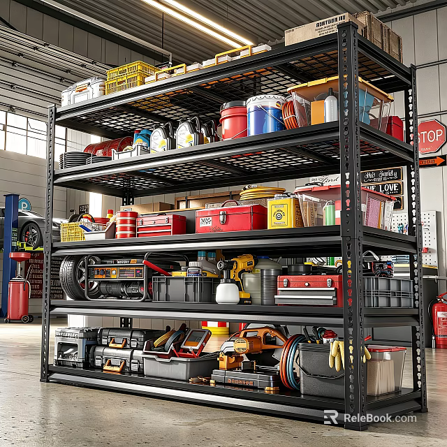 Organized Garage With Metal Shelves Storage Boxes Tools And Oil Cans 3d model 