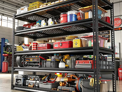 Organized Garage With Metal Shelves Storage Boxes Tools And Oil Cans 3d model