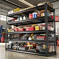 Organized Garage With Metal Shelves Storage Boxes Tools And Oil Cans