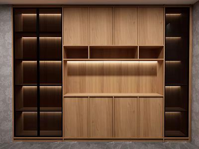 Modern Wooden Sideboard Interior With Glass Doors Open Shelves And LED Lighting 3d model