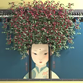 Vine With Red Flowers Decorating Traditional Figure Against Blue Wall And Chinese Eaves