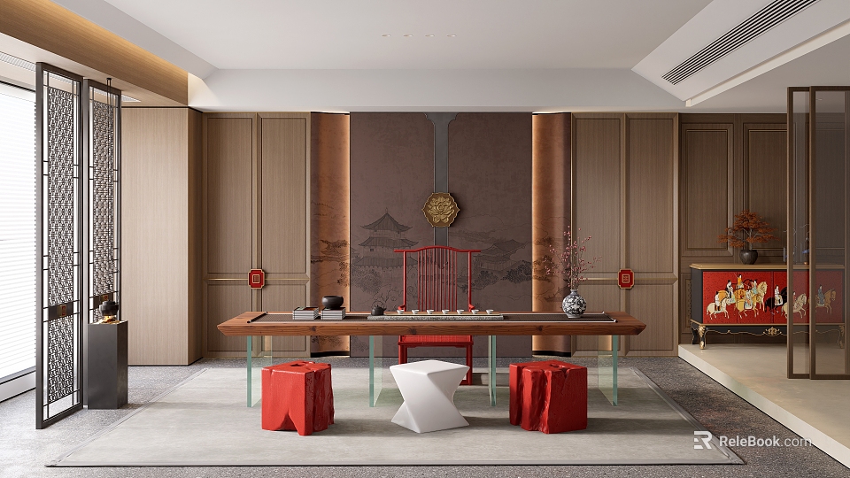 Elegant Tea Room Interior With Wooden Walls Decorative Painting Tea Sets And Red White Stools 3d model 