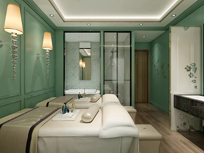 Elegant Beauty Salon Interior With Green Walls Massage Beds Mirrors Wall Lamps And Wooden Floors 3d model