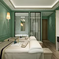Elegant Beauty Salon Interior With Green Walls Massage Beds Mirrors Wall Lamps And Wooden Floors
