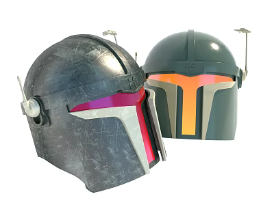 Two Sci Fi Helmets With Dark Gray And Green Metallic Design Colored Visors 3d model