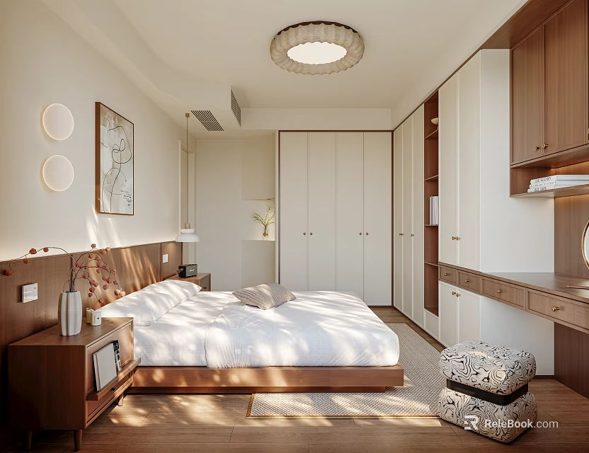 Modern Bedroom Interior Design With Wooden Bed Wardrobe Ceiling Light And Decorative Painting 3d model 