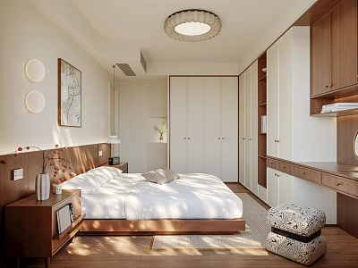Modern Bedroom Interior Design With Wooden Bed Wardrobe Ceiling Light And Decorative Painting 3d model