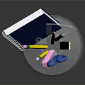 Stationery Organizer Glass Cone Shaped Container Holding Blue Notebook Colored Pencils Scissors And Pencils